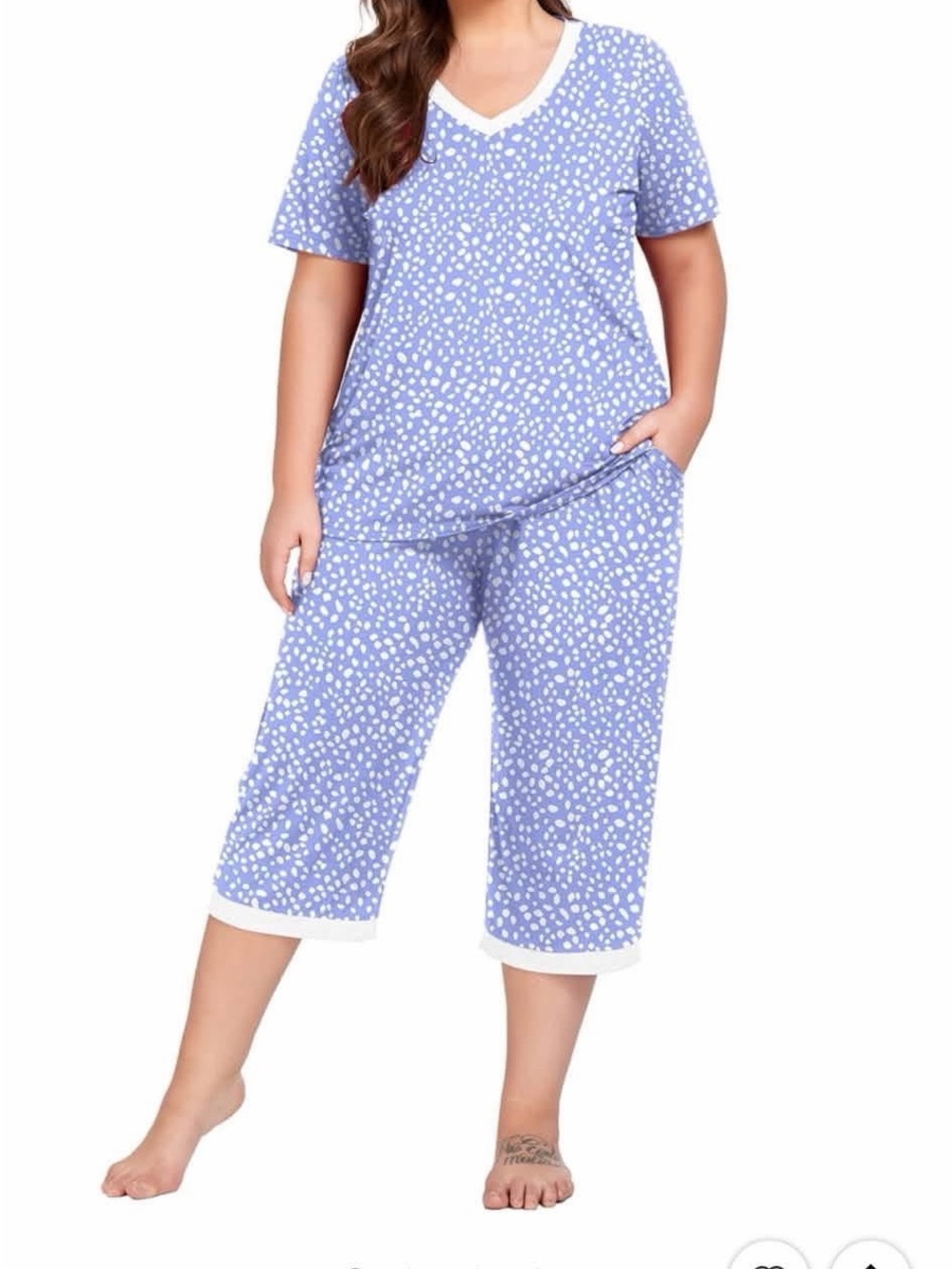 Plus Size Light Blue Dot V-Neck Pajama Set with White Trim